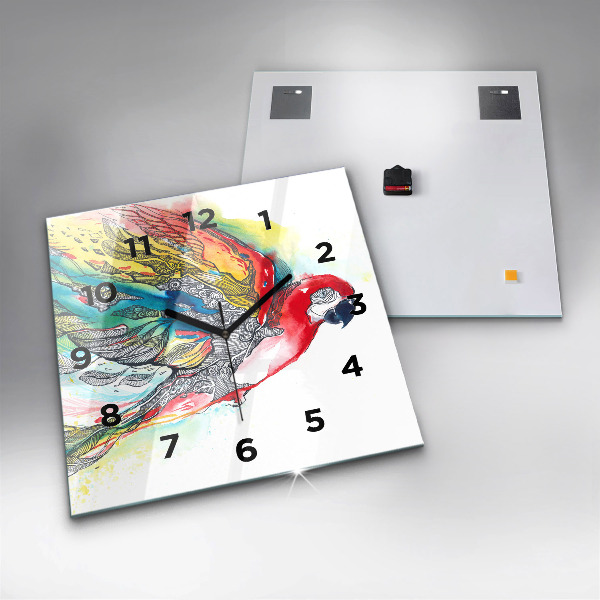 Reloj cuadrado Loro colorido en vuelo