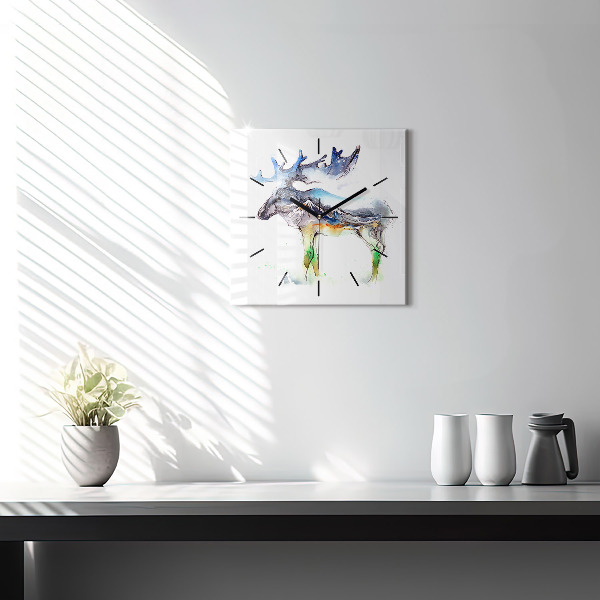 Reloj de pared cuadrado Alce y paisaje de montaña