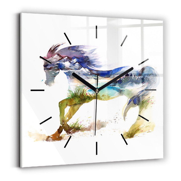 Reloj cuadrado Montaña pintada y caballo