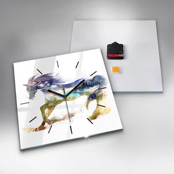 Reloj cuadrado Montaña pintada y caballo