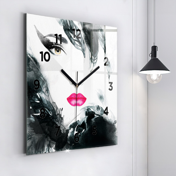 Reloj de pared cuadrado Retrato de mujer con labios rojos