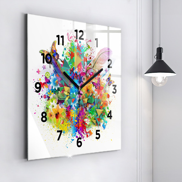 Reloj de pared cuadrado Armonía floral con mariposas