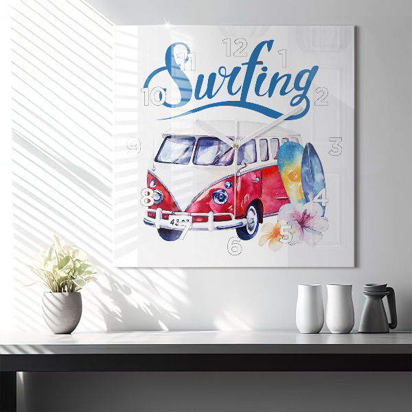 Reloj de pared cuadrado Coche y cartel Surf
