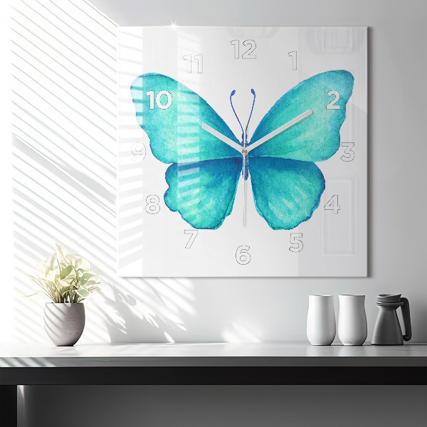 Reloj de pared cuadrado Mariposa turquesa de verano