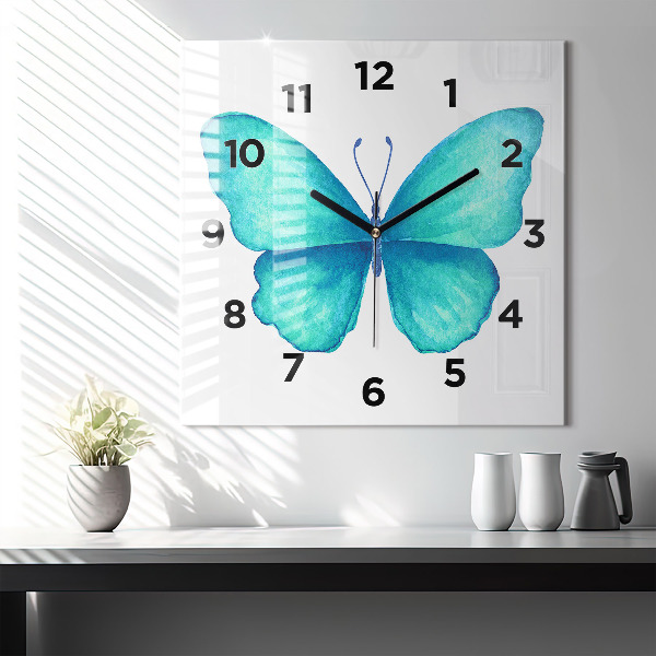 Reloj de pared cuadrado Mariposa turquesa de verano