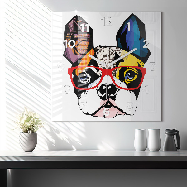 Reloj de pared cuadrado Bulldog francés con gafas