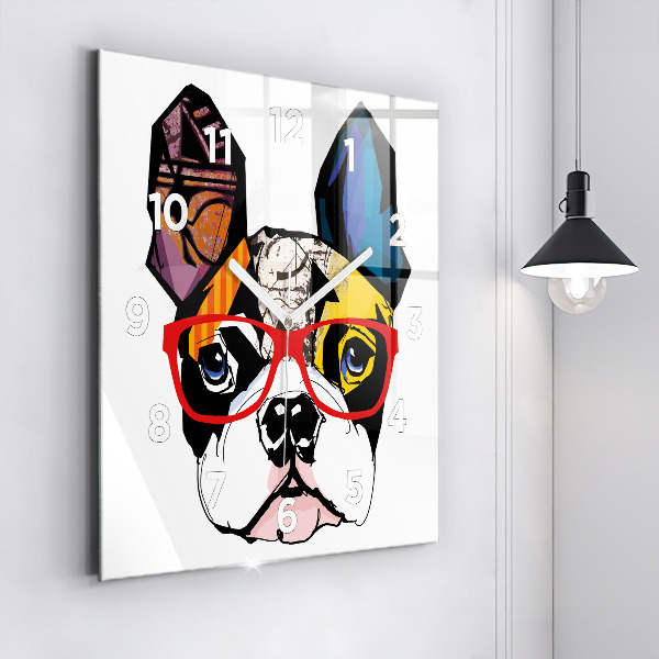 Reloj de pared cuadrado Bulldog francés con gafas