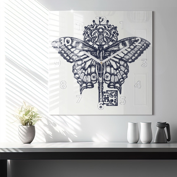 Reloj de pared cuadrado Mariposa y llave - estilo boho