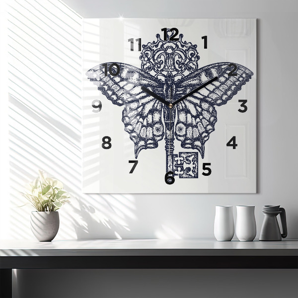 Reloj de pared cuadrado Mariposa y llave - estilo boho