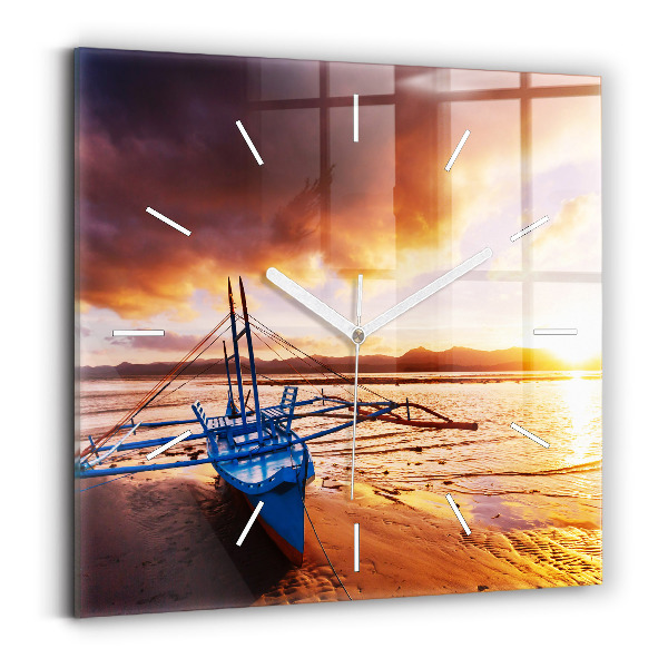 Reloj cuadrado Barco y puesta de sol