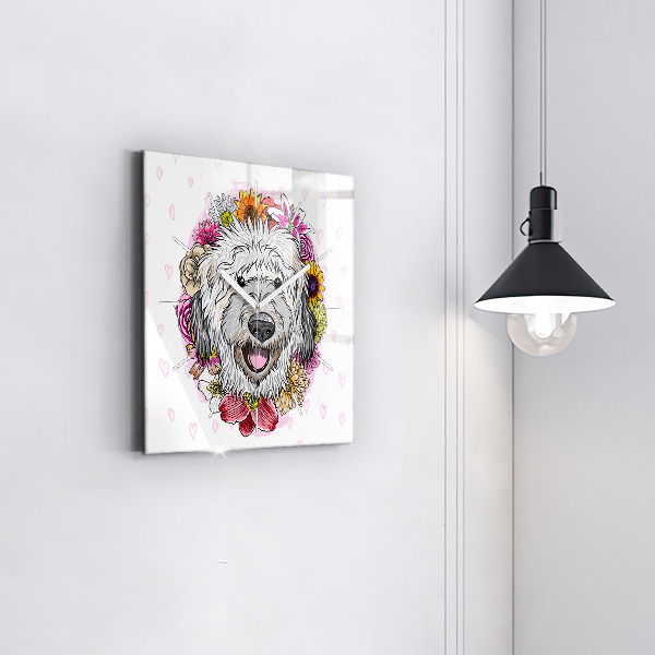 Reloj de pared cuadrado Perro feliz entre flores