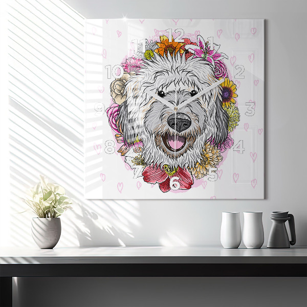 Reloj de pared cuadrado Perro feliz entre flores