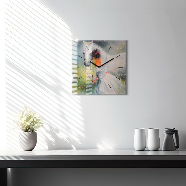 Reloj cuadrado Hermosa mujer con un caballo