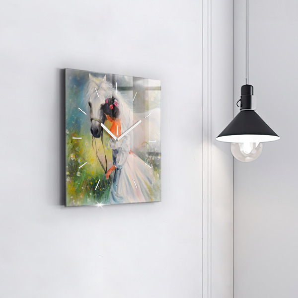 Reloj cuadrado Hermosa mujer con un caballo