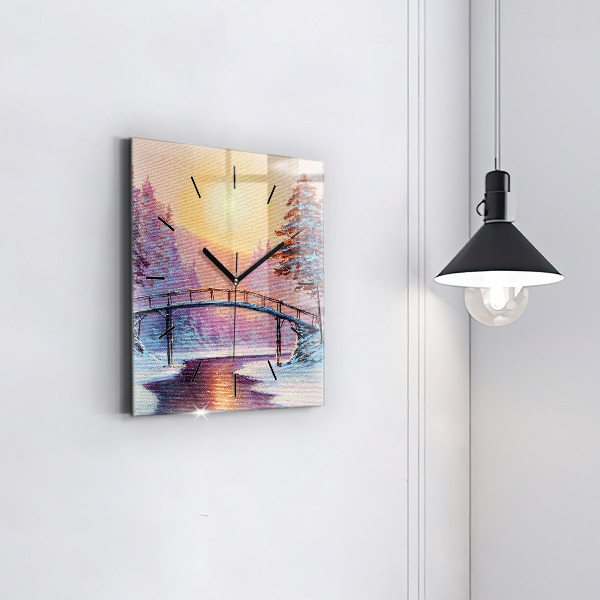 Reloj de pared cuadrado Árbol de Navidad y puente