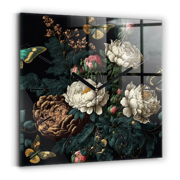 Reloj cuadrado Flor y mariposas doradas