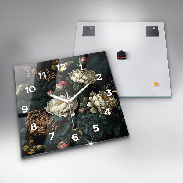 Reloj cuadrado Flor y mariposas doradas