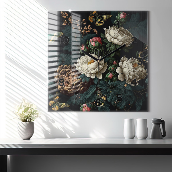 Reloj cuadrado Flor y mariposas doradas