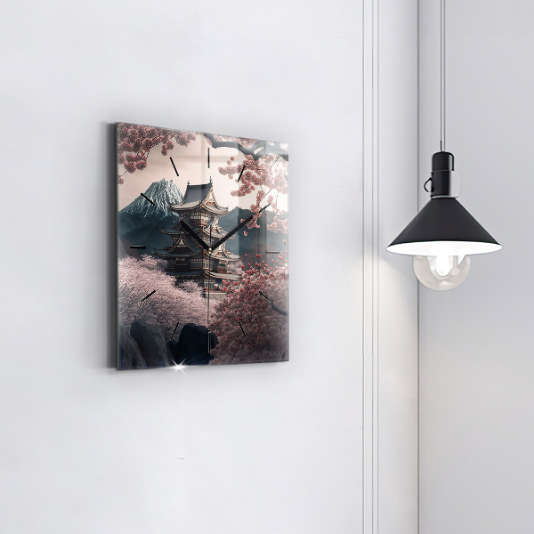 Reloj de pared cuadrado Torre asiática Cerezos en flor