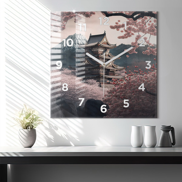 Reloj de pared cuadrado Torre asiática Cerezos en flor
