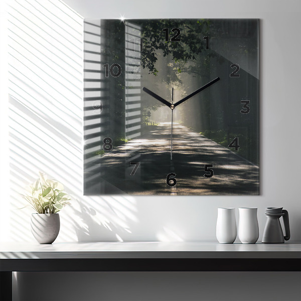 Reloj de pared cuadrado Carretera forestal y rayas de sol