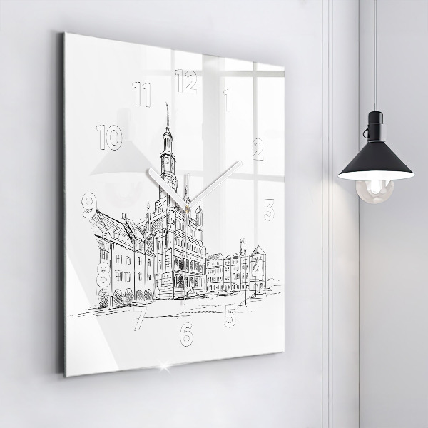 Reloj de pared cuadrado Boceto de la ciudad vieja de Poznan