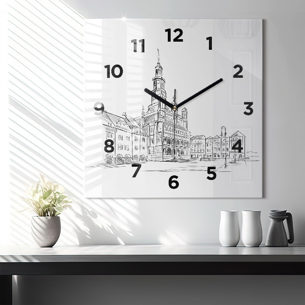 Reloj de pared cuadrado Boceto de la ciudad vieja de Poznan