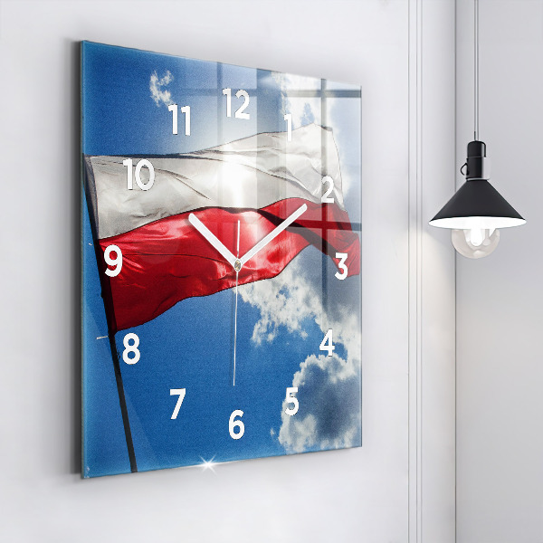 Reloj de pared cuadrado Bandera polaca contra el cielo