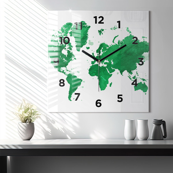 Reloj de pared cuadrado Mapamundi verde