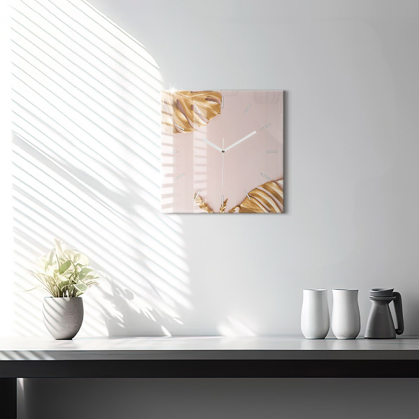 Reloj cuadrado Hojas tropicales doradas