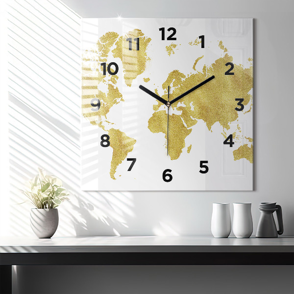 Reloj de pared cuadrado Mapamundi dorado
