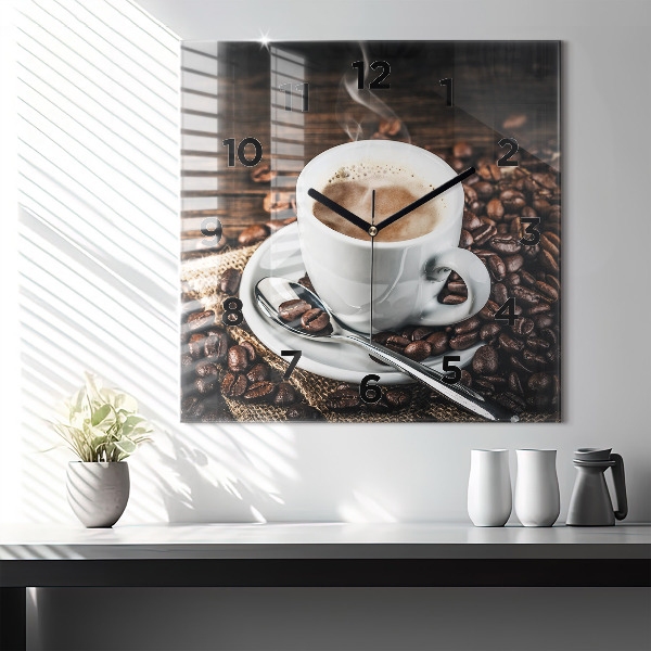 Reloj de pared cuadrado Taza y granos de café