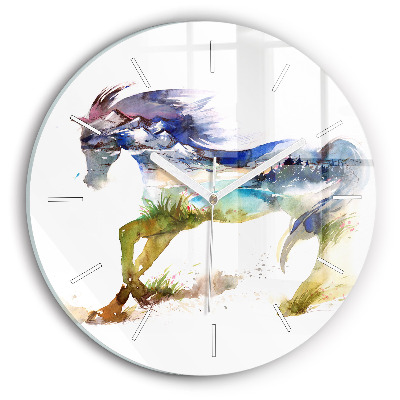 Reloj de cristal redondo Montaña pintada y caballo