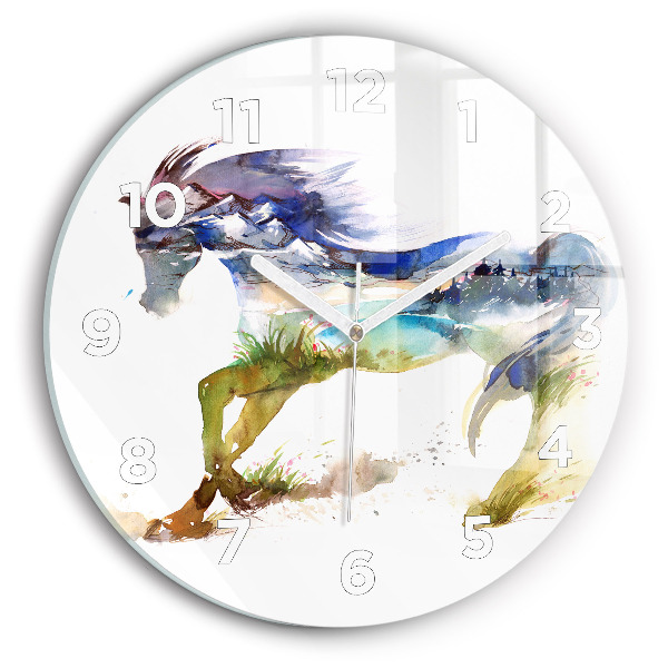 Reloj de cristal redondo Montaña pintada y caballo