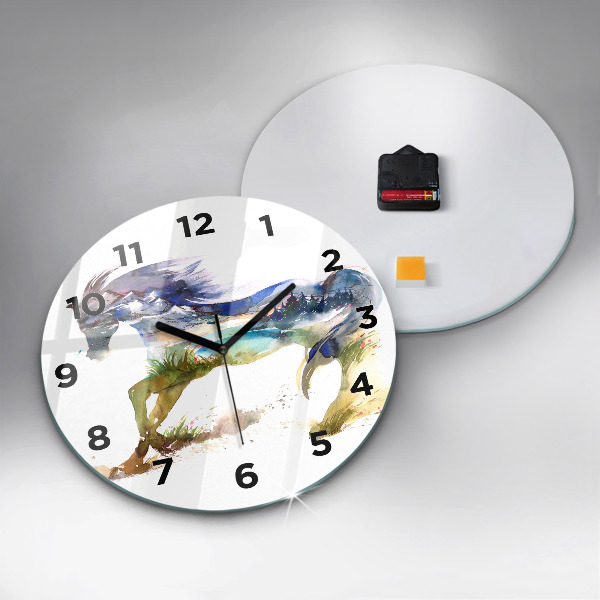 Reloj de cristal redondo Montaña pintada y caballo