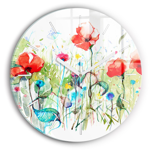 Reloj de cristal redondo Amapolas en un prado