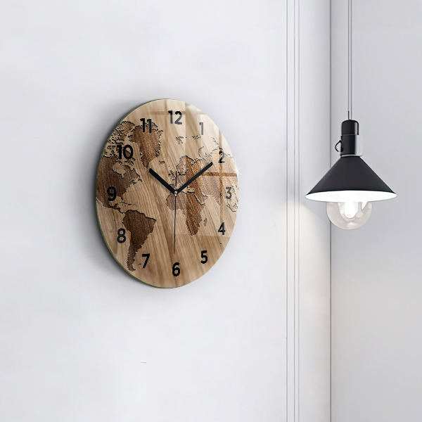 Reloj redondo pared Mapamundi sobre madera