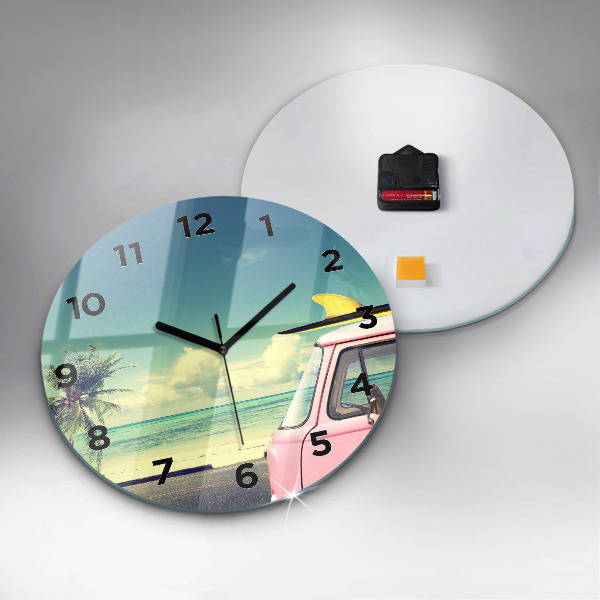 Reloj de cristal redondo Coche con tabla de surf