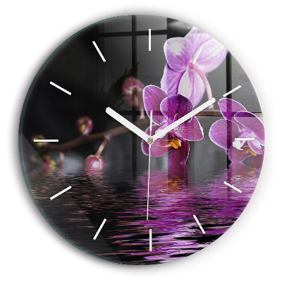 Reloj de cristal redondo Flor de orquídea sobre el agua