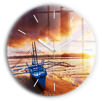 Reloj de pared redondo Barco y puesta de sol
