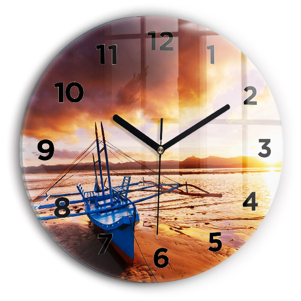 Reloj de pared redondo Barco y puesta de sol