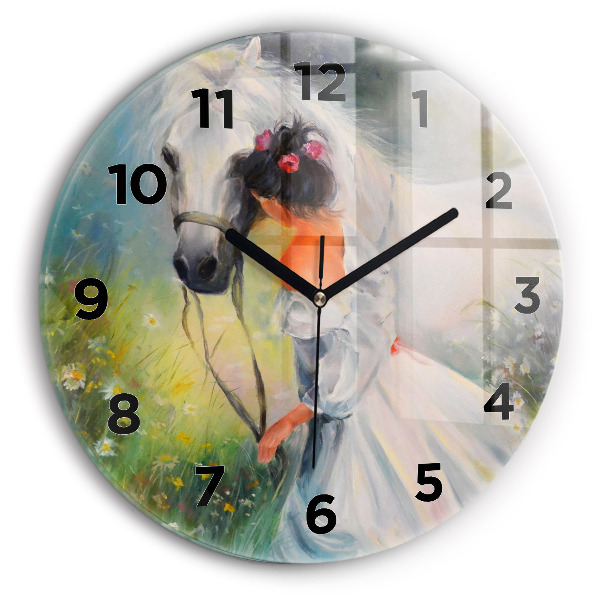 Reloj de pared redondo Hermosa mujer con un caballo