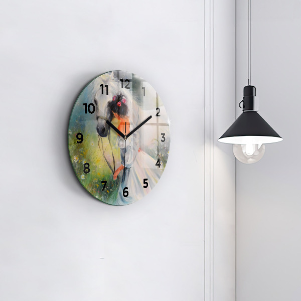 Reloj de pared redondo Hermosa mujer con un caballo