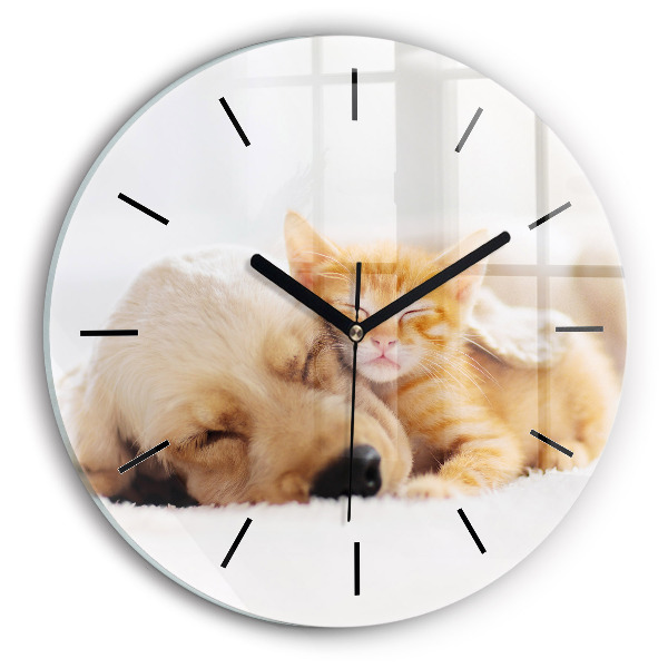 Reloj de cristal redondo Gato y perro durmiendo