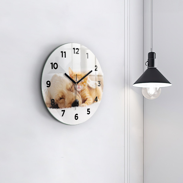 Reloj de cristal redondo Gato y perro durmiendo