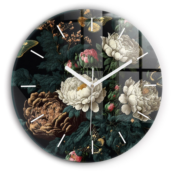 Reloj de pared redondo Flor y mariposas doradas