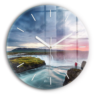 Reloj de cristal redondo Paisaje con cascada