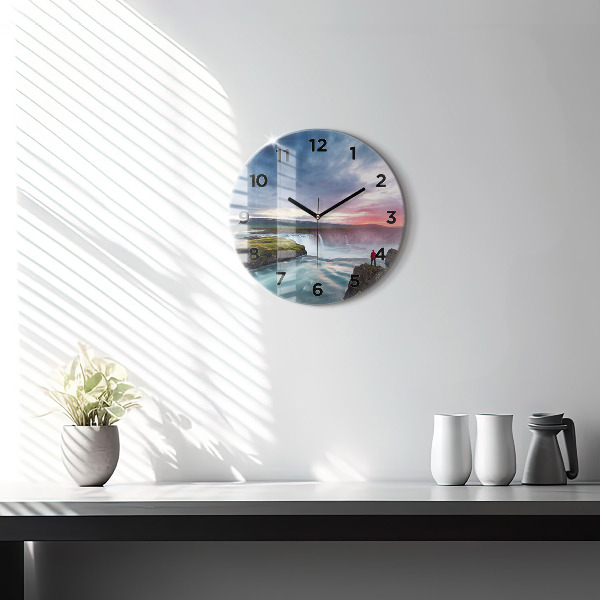 Reloj de cristal redondo Paisaje con cascada