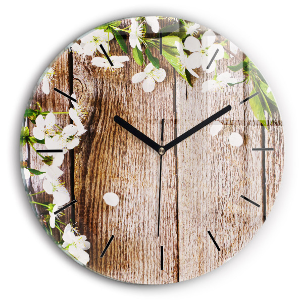 Reloj de cristal redondo Flores sobre madera