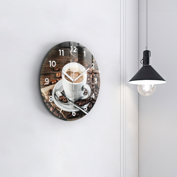 Reloj de cristal redondo Taza y granos de café